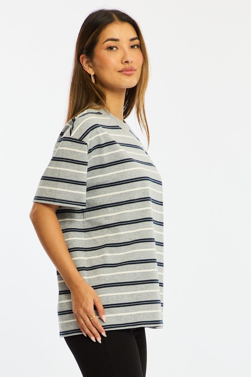 Grey Stripe Short Sleeve Oversized Stripe Tshirt for Ally Fashion
