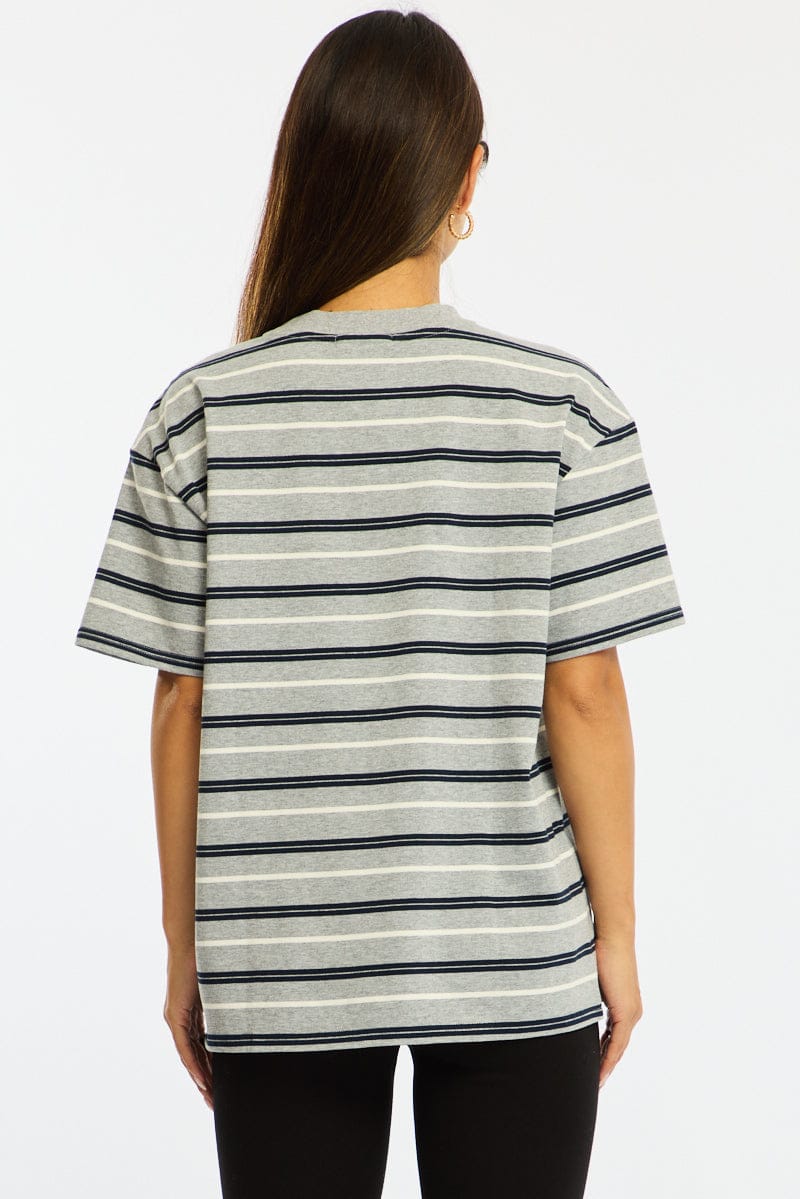 Grey Stripe Short Sleeve Oversized Stripe Tshirt for Ally Fashion