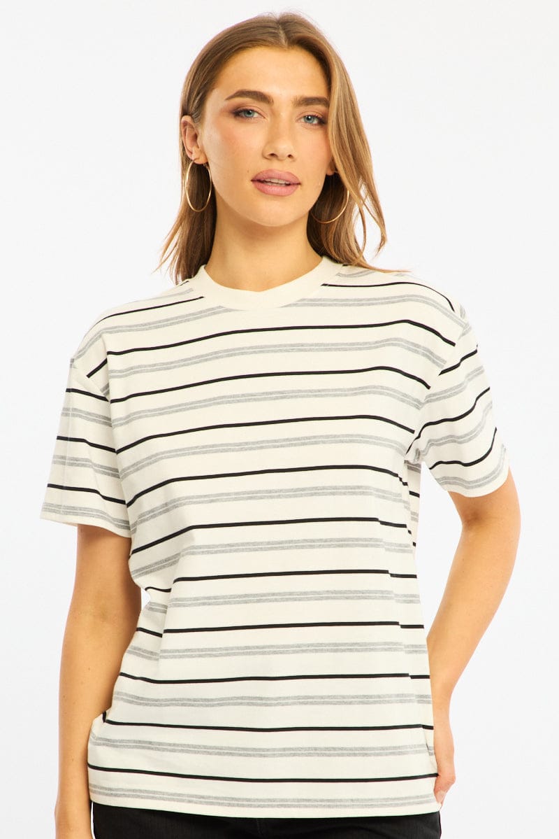 White Stripe Short Sleeve Oversized Stripe Tshirt for Ally Fashion