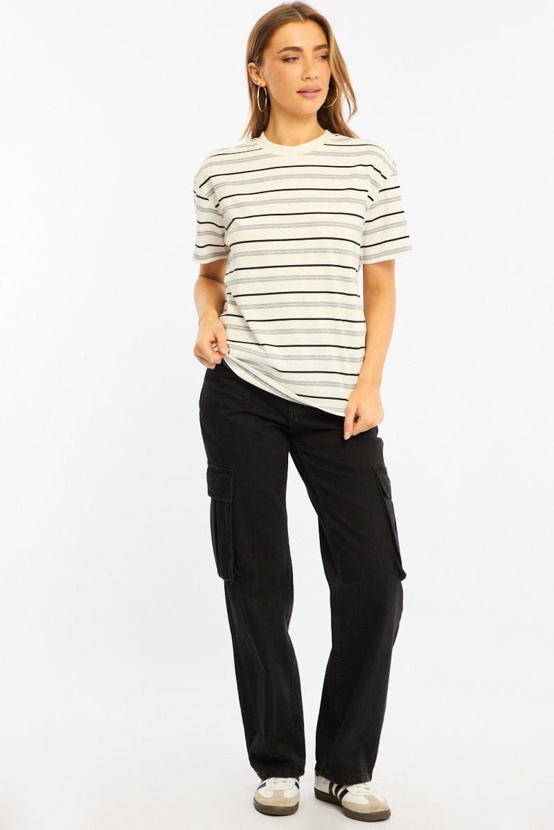 White Stripe Short Sleeve Oversized Stripe Tshirt for Ally Fashion