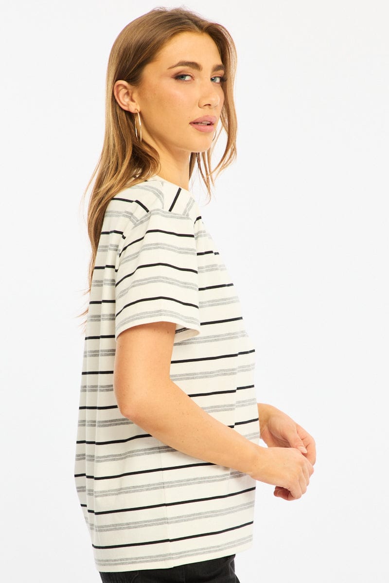 White Stripe Short Sleeve Oversized Stripe Tshirt for Ally Fashion