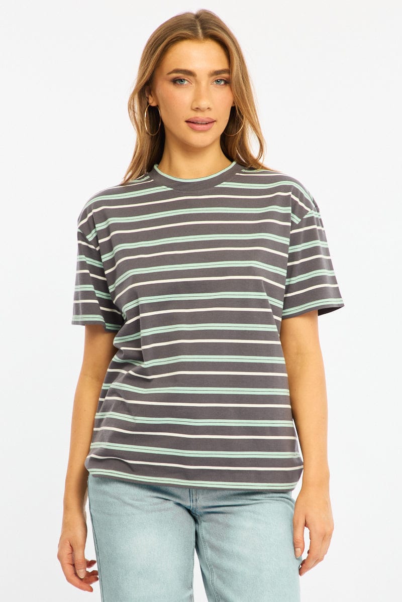 Grey Stripe Short Sleeve Oversized Stripe Tshirt for Ally Fashion