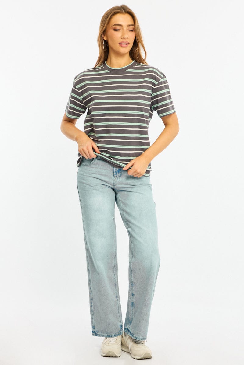 Grey Stripe Short Sleeve Oversized Stripe Tshirt for Ally Fashion