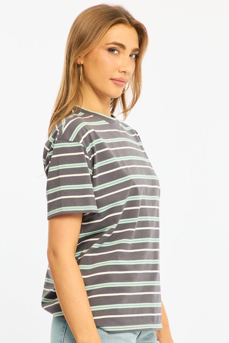 Grey Stripe Short Sleeve Oversized Stripe Tshirt for Ally Fashion