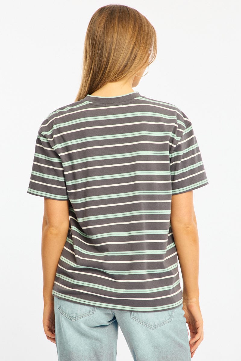 Grey Stripe Short Sleeve Oversized Stripe Tshirt for Ally Fashion