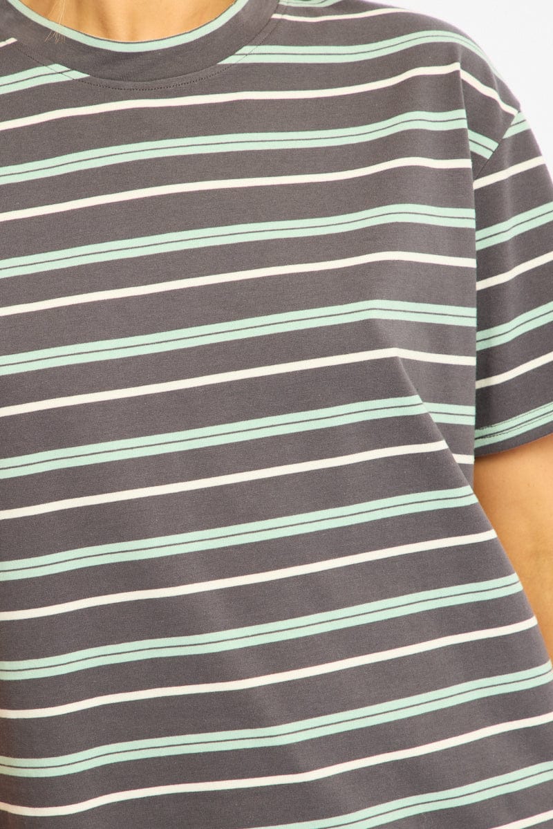 Grey Stripe Short Sleeve Oversized Stripe Tshirt for Ally Fashion