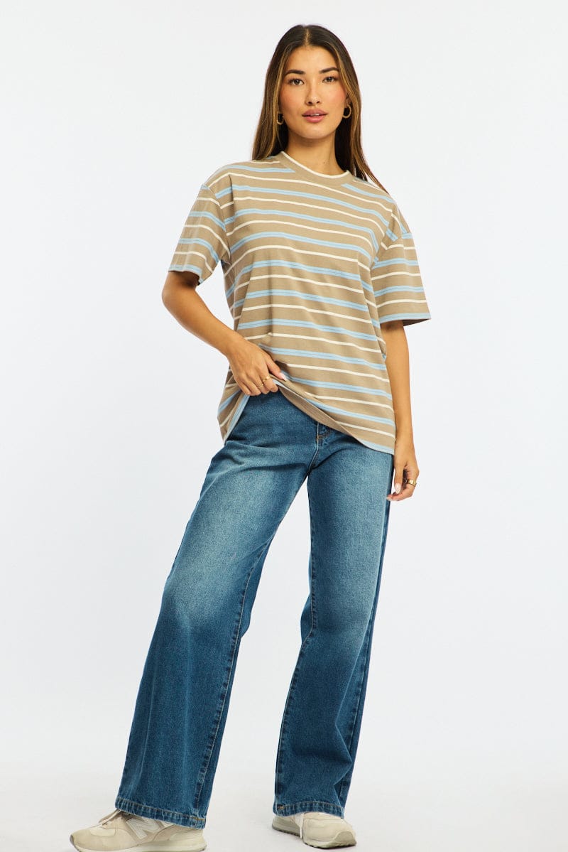 Brown Stripe Short Sleeve Oversized Stripe Tshirt for Ally Fashion