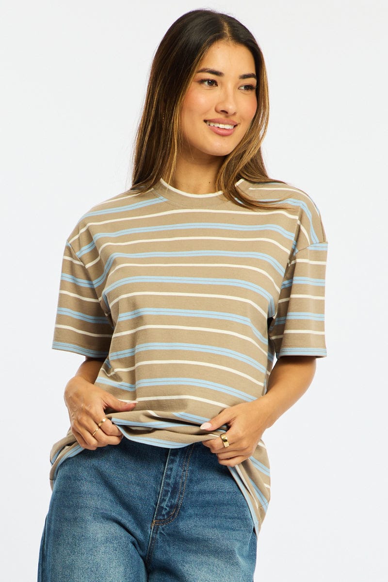 Brown Stripe Short Sleeve Oversized Stripe Tshirt for Ally Fashion