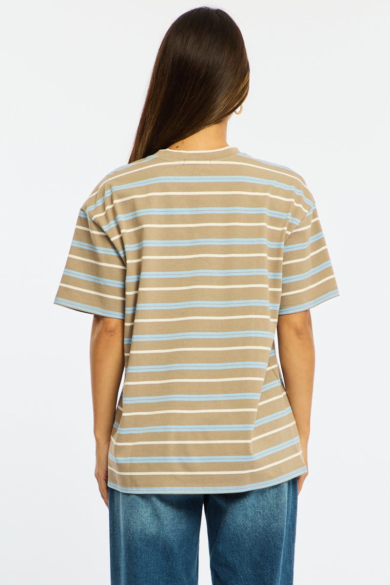 Brown Stripe Short Sleeve Oversized Stripe Tshirt for Ally Fashion