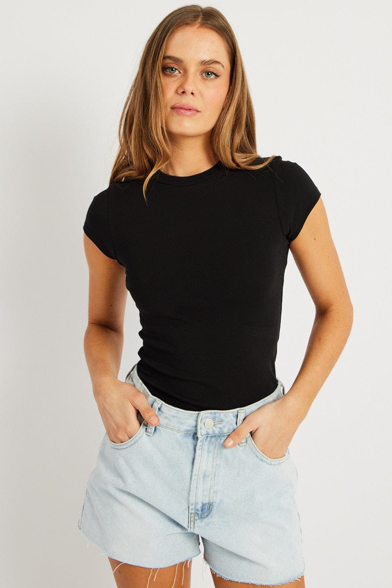 Black T Shirt Short Sleeve Crew Neck Cotton Rib for Ally Fashion