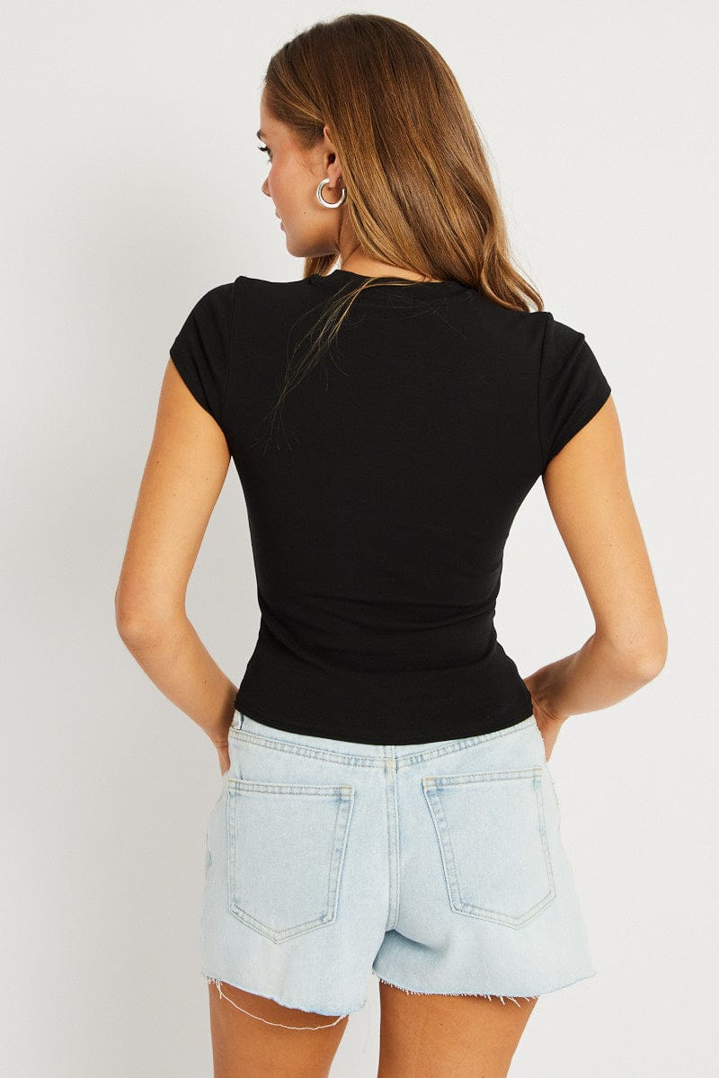 Black T Shirt Short Sleeve Crew Neck Cotton Rib for Ally Fashion