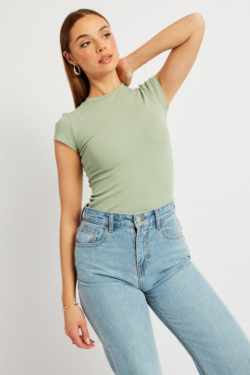 Green T Shirt Short Sleeve Crew Neck Cotton Rib for Ally Fashion