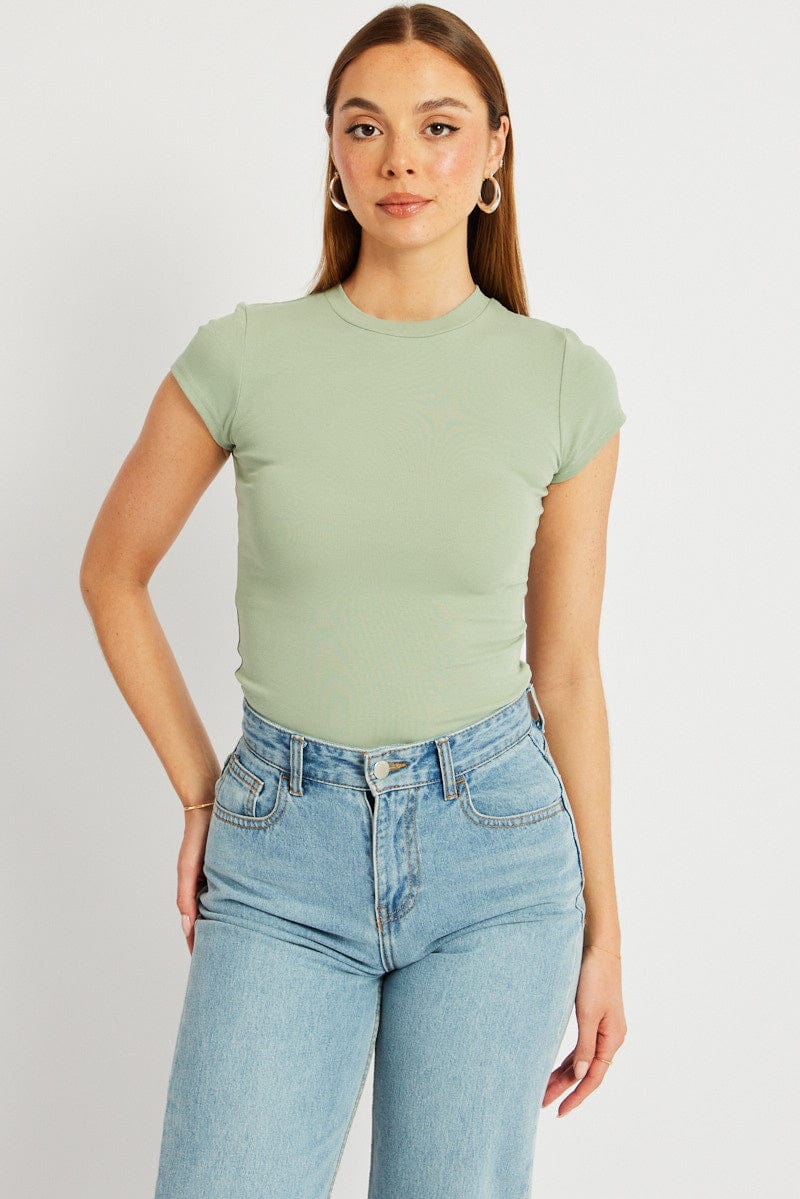 Green T Shirt Short Sleeve Crew Neck Cotton Rib for Ally Fashion