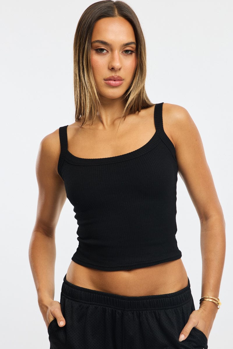 Black Singlet Scoop Neck Rib for Ally Fashion