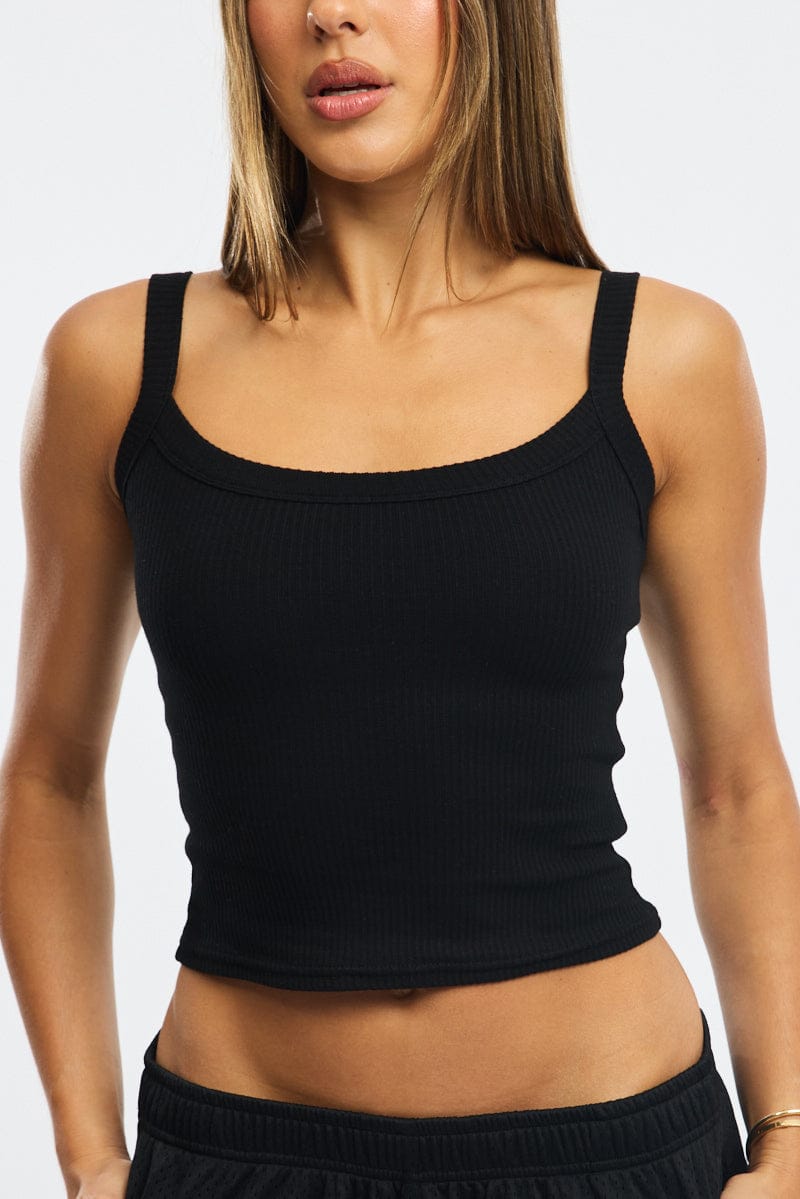 Black Singlet Scoop Neck Rib for Ally Fashion