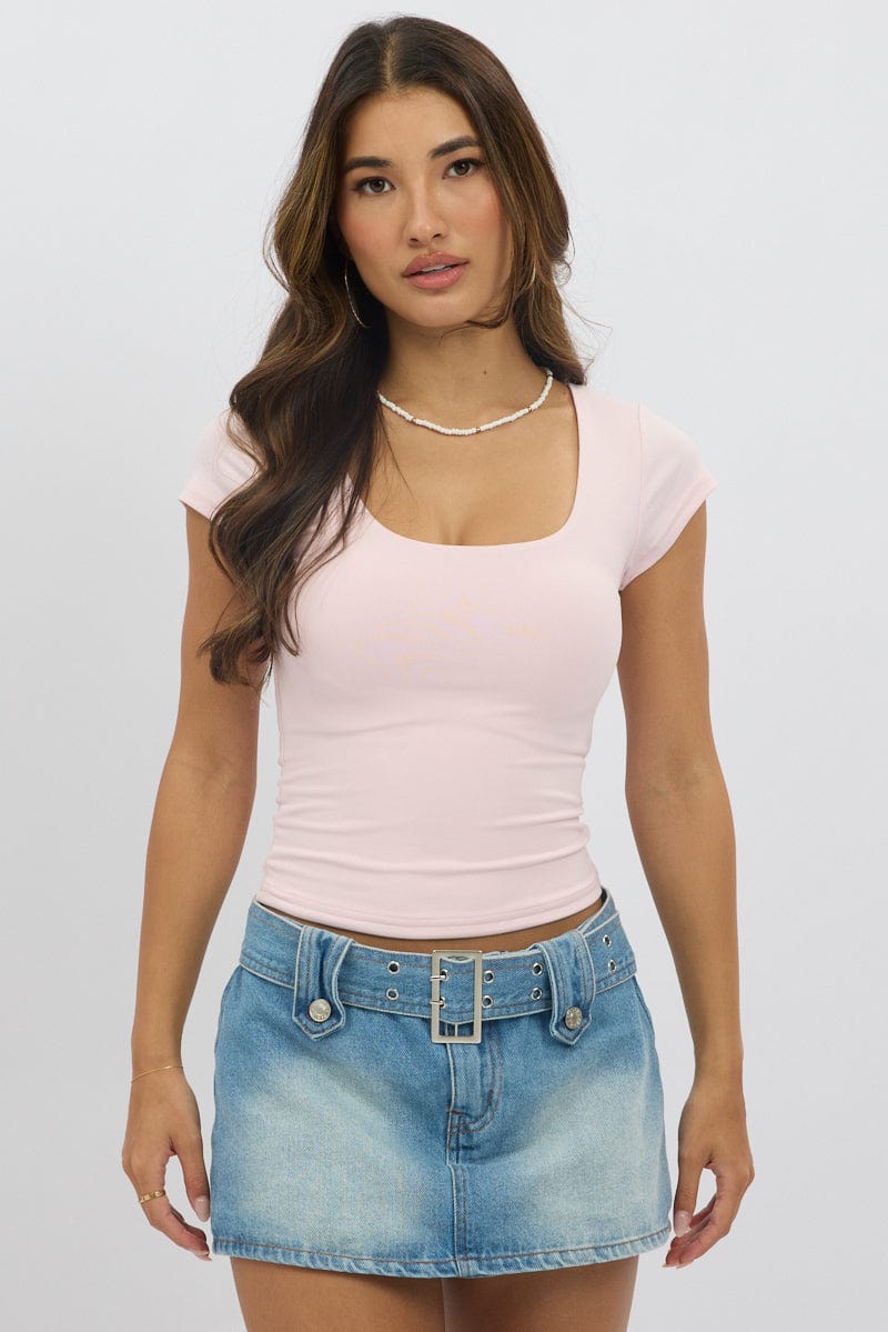 Pink Supersoft Square Neck Cap Sleeve Top Double Layer for Ally Fashion