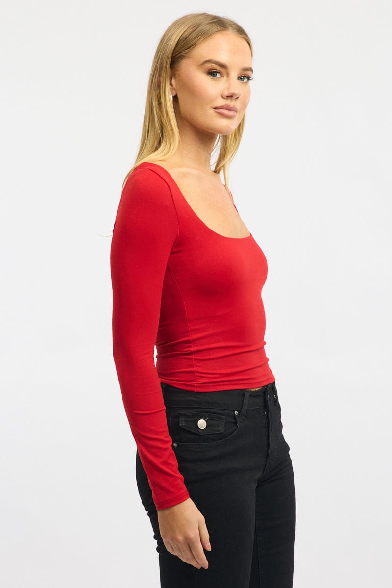 Red Supersoft Top Square Neck Long Sleeve for Ally Fashion