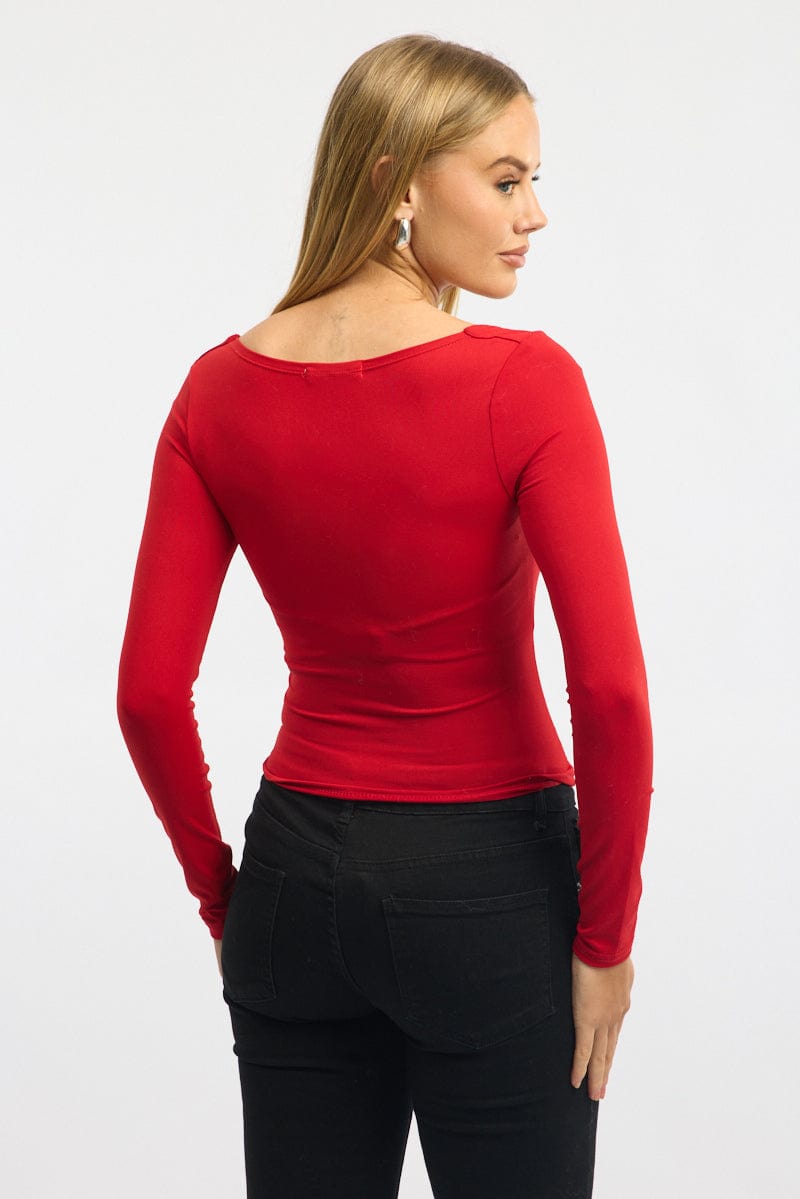 Red Supersoft Top Square Neck Long Sleeve for Ally Fashion