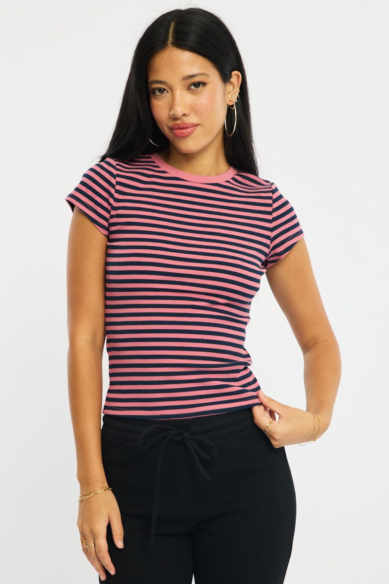 Pink Stripe Short Sleeve Stripe Ribbed T-shirt for Ally Fashion