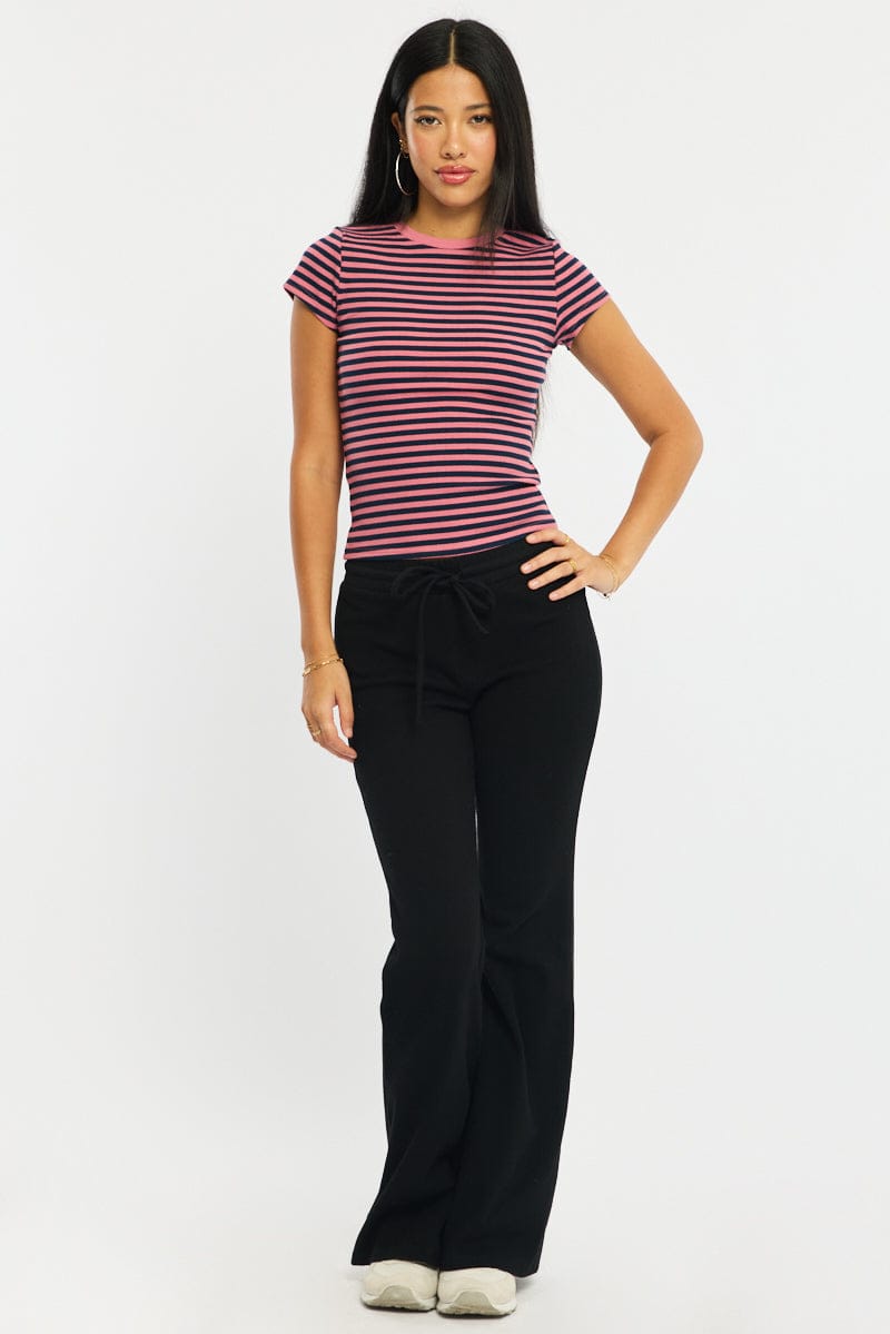 Pink Stripe Short Sleeve Stripe Ribbed T-shirt for Ally Fashion
