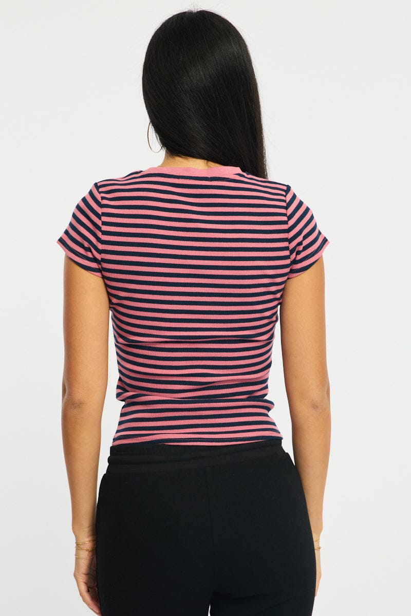 Pink Stripe Short Sleeve Stripe Ribbed T-shirt for Ally Fashion