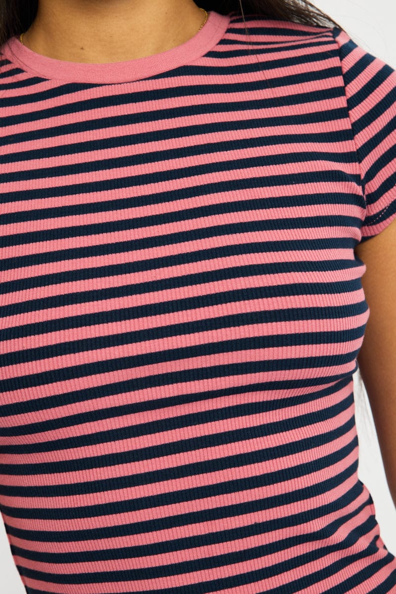 Pink Stripe Short Sleeve Stripe Ribbed T-shirt for Ally Fashion