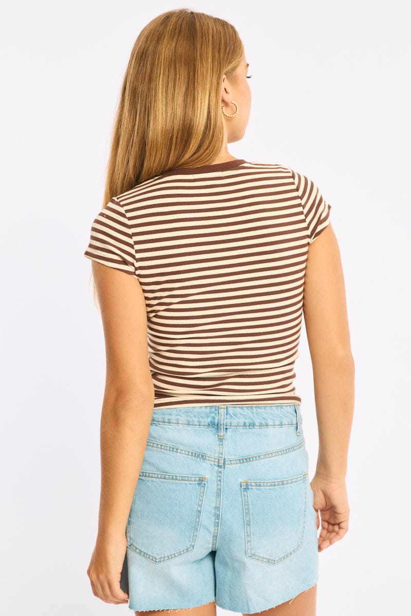 Brown Stripe Short Sleeve Stripe Ribbed T-shirt for Ally Fashion
