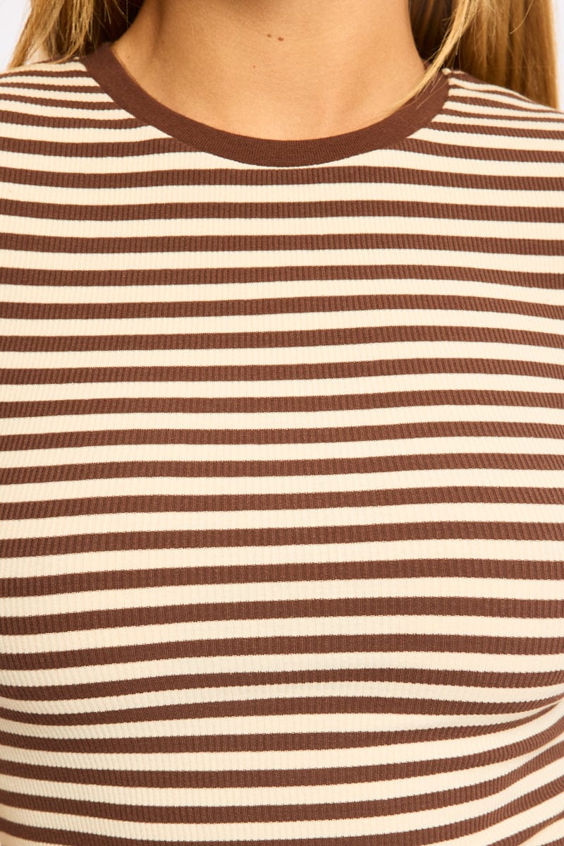 Brown Stripe Short Sleeve Stripe Ribbed T-shirt for Ally Fashion