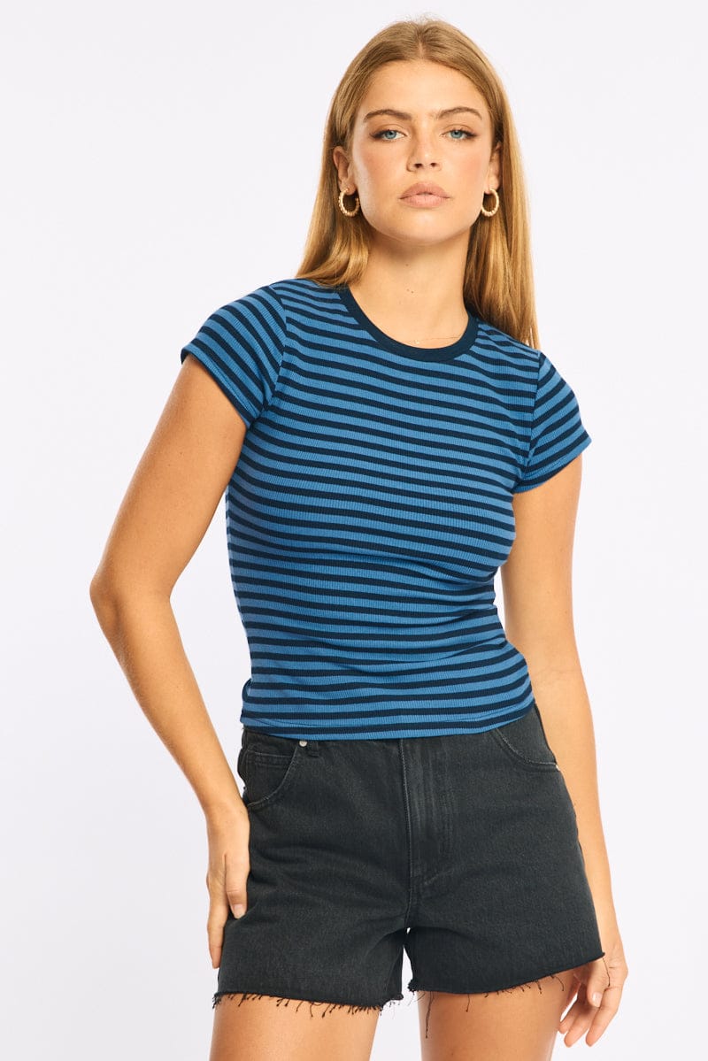 Blue Stripe Short Sleeve Stripe Ribbed T-shirt for Ally Fashion