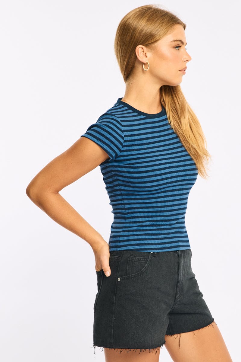 Blue Stripe Short Sleeve Stripe Ribbed T-shirt for Ally Fashion