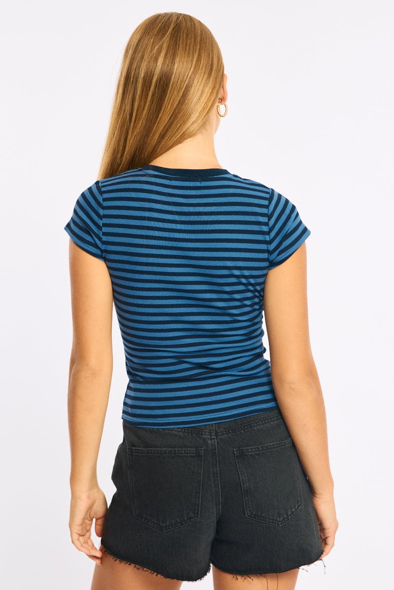 Blue Stripe Short Sleeve Stripe Ribbed T-shirt for Ally Fashion