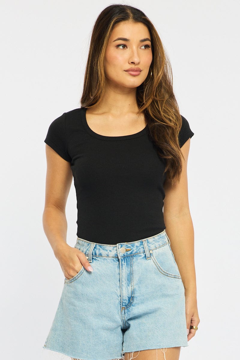 Black T-shirt - Short Sleeve - Slim Fit - Scoop Neck - S for Ally Fashion