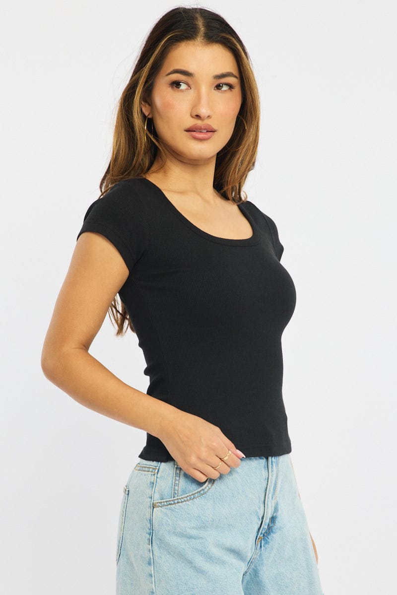 Black T-shirt - Short Sleeve - Slim Fit - Scoop Neck - S for Ally Fashion