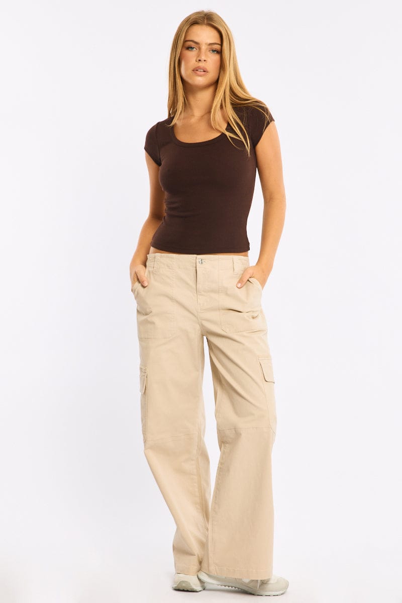 Brown T-shirt - Short Sleeve - Slim Fit - Scoop Neck - S for Ally Fashion