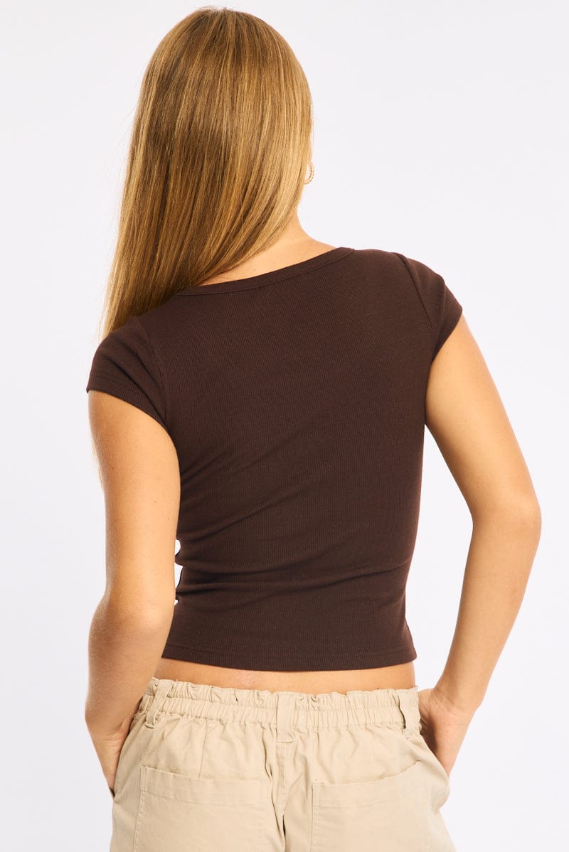 Brown T-shirt - Short Sleeve - Slim Fit - Scoop Neck - S for Ally Fashion