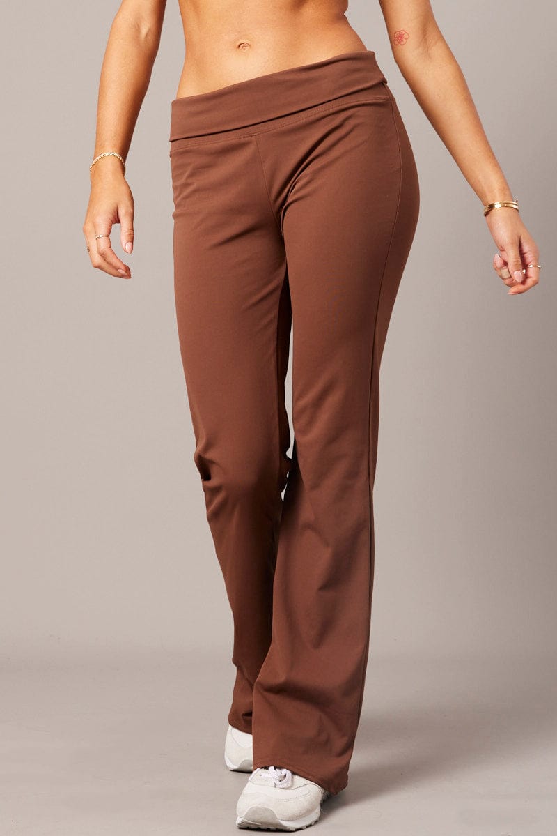 Brown Flared Pants Fold Up Waist Mid Rise for Ally Fashion