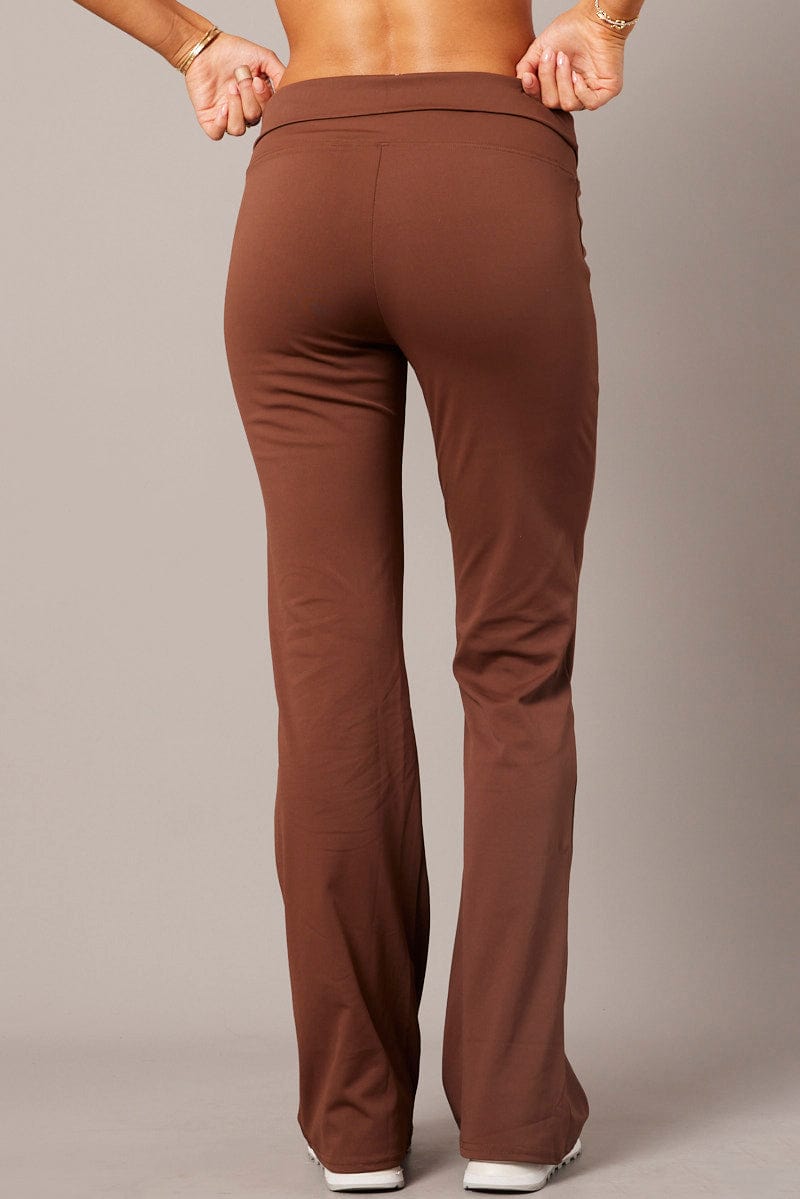 Brown Flared Pants Fold Up Waist Mid Rise for Ally Fashion