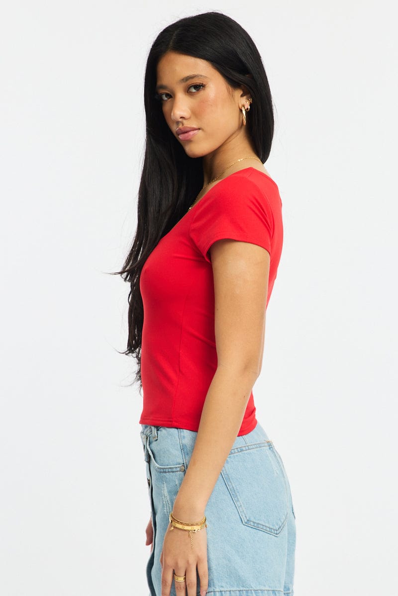 Red Supersoft Top Square Neck Short Sleeve for Ally Fashion