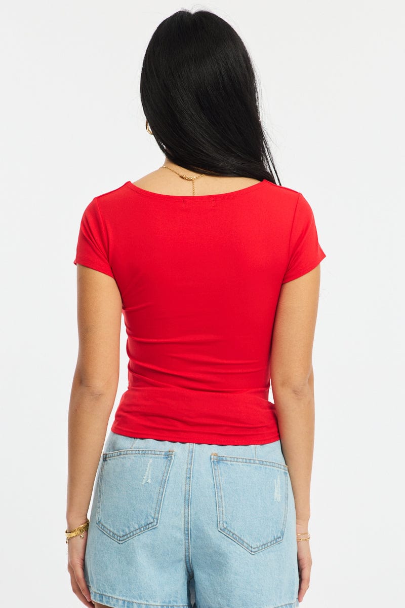 Red Supersoft Top Square Neck Short Sleeve for Ally Fashion