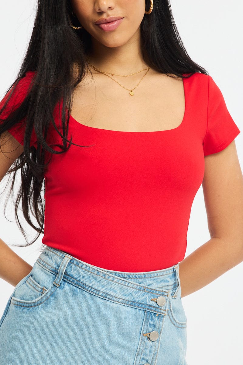 Red Supersoft Top Square Neck Short Sleeve for Ally Fashion