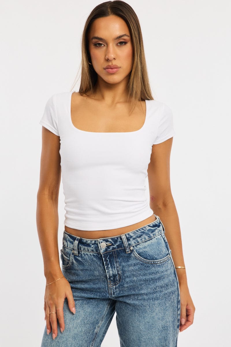 White Supersoft Top Square Neck Short Sleeve for Ally Fashion