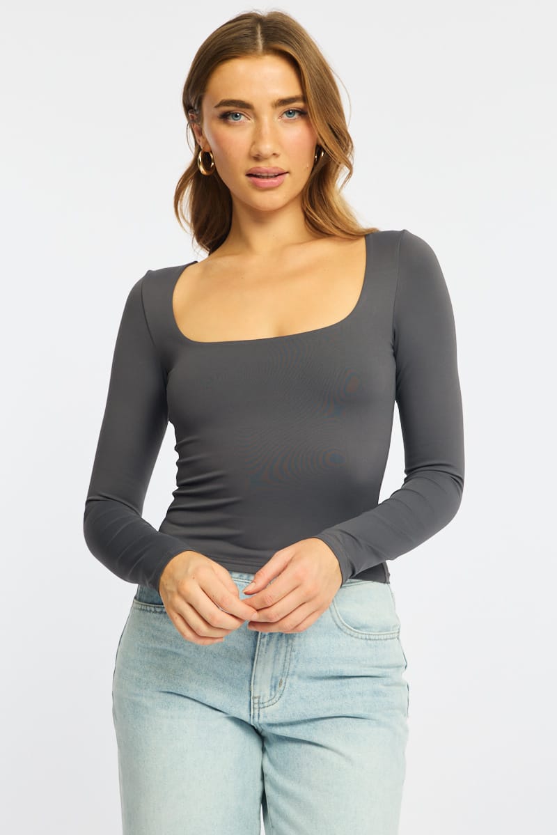 Grey Supersoft Top Square Neck Long Sleeve for Ally Fashion