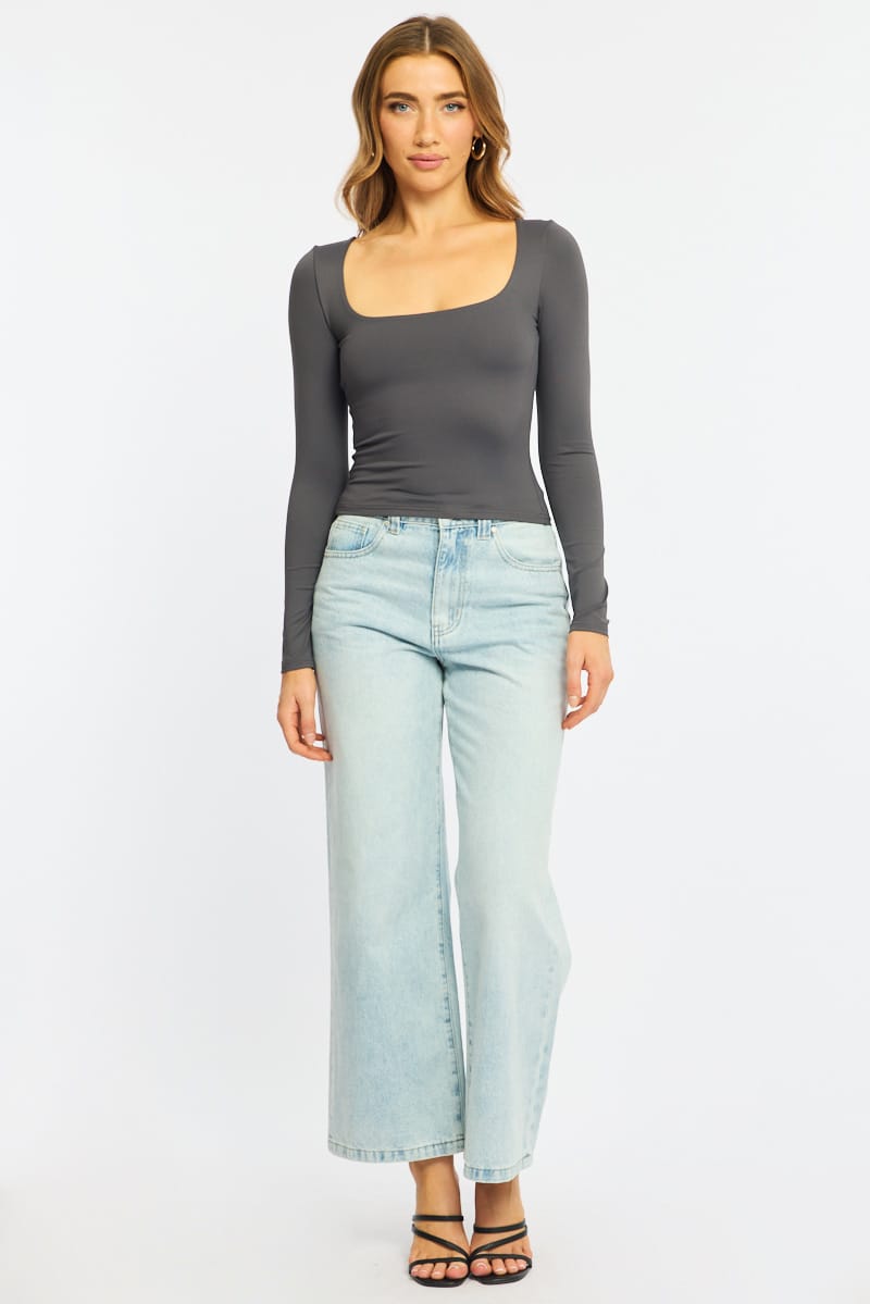 Grey Supersoft Top Square Neck Long Sleeve for Ally Fashion