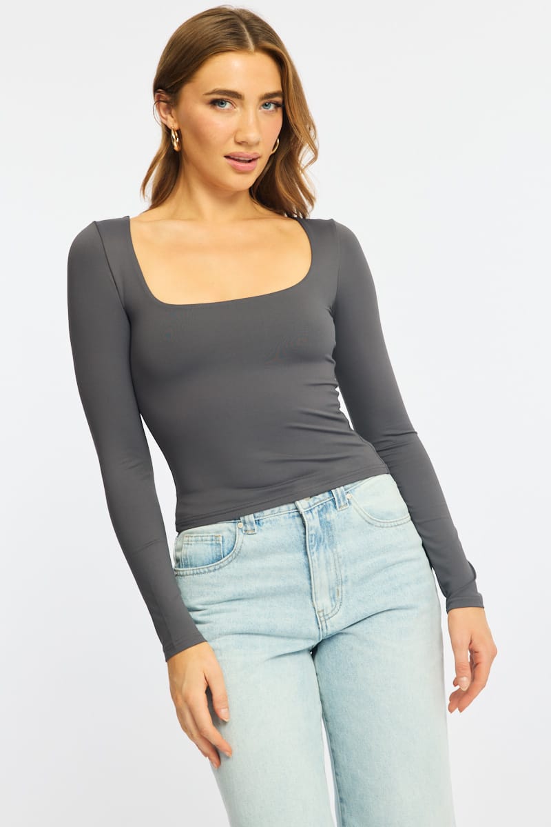 Grey Supersoft Top Square Neck Long Sleeve for Ally Fashion
