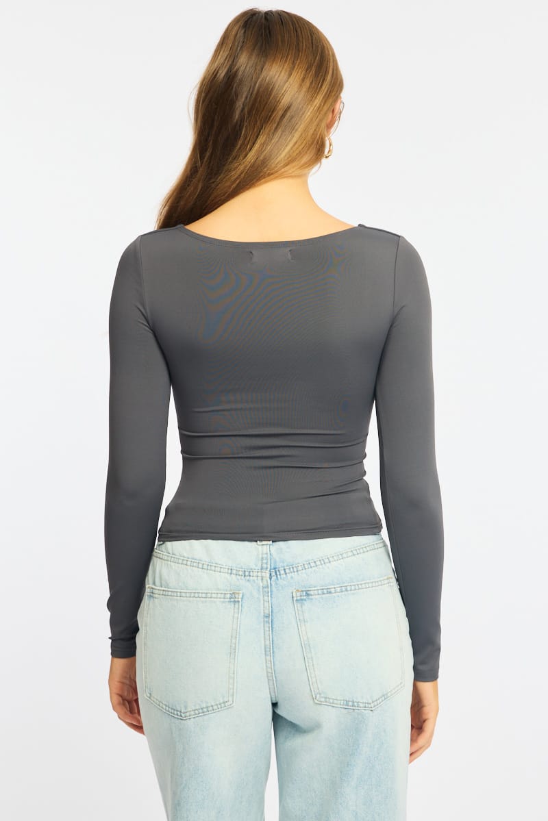 Grey Supersoft Top Square Neck Long Sleeve for Ally Fashion
