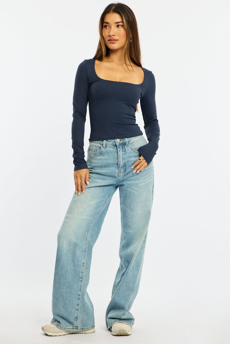 Blue Supersoft Top Square Neck Long Sleeve for Ally Fashion
