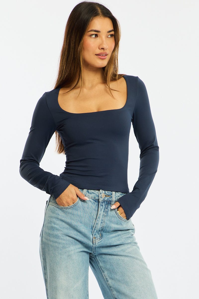 Blue Supersoft Top Square Neck Long Sleeve for Ally Fashion