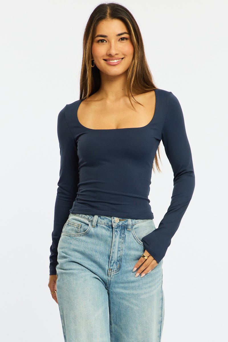 Blue Supersoft Top Square Neck Long Sleeve for Ally Fashion