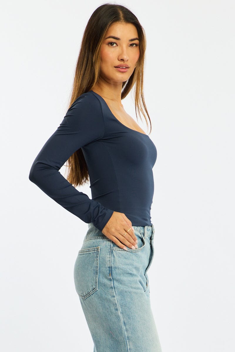 Blue Supersoft Top Square Neck Long Sleeve for Ally Fashion