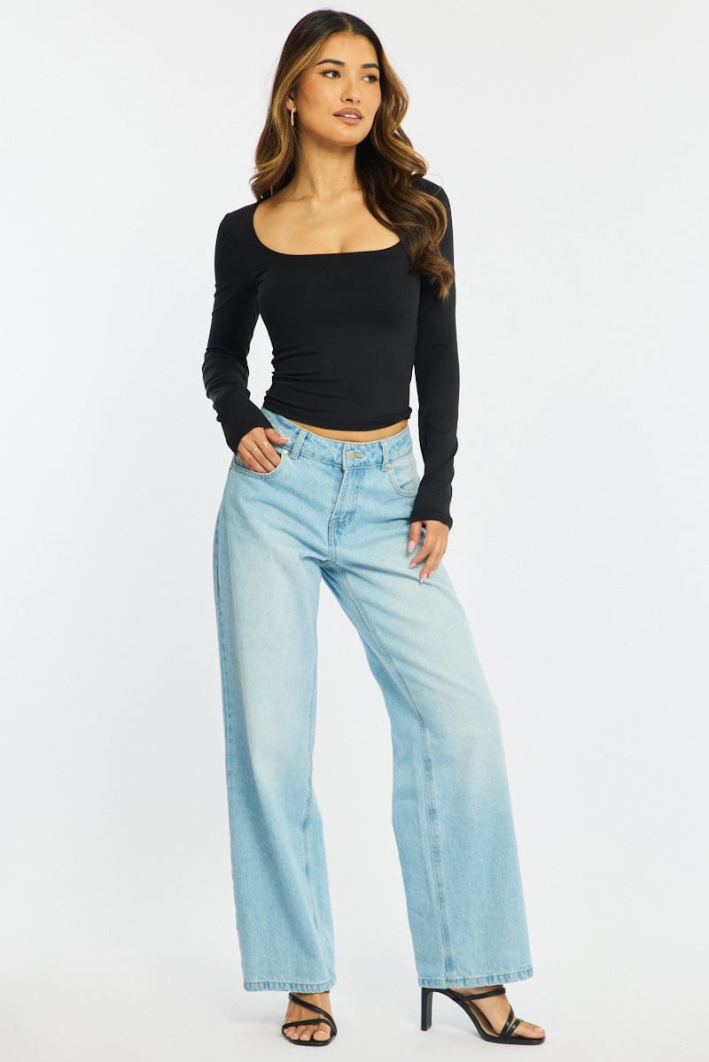 Black T-shirt - Long Sleeve - Slim Fit - Scoop Neck - St for Ally Fashion